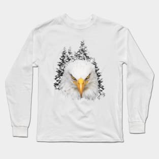 Great bald eagle head in background of snowy pine trees Long Sleeve T-Shirt